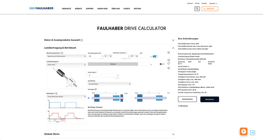 Outil de calcul de système d'entraînement FAULHABER Drive Calculator (FDC) 